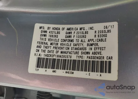 2017 Honda Accord Sport Se z USA, uszkodzony, nr VIN 1HGCR2F1XHA280578